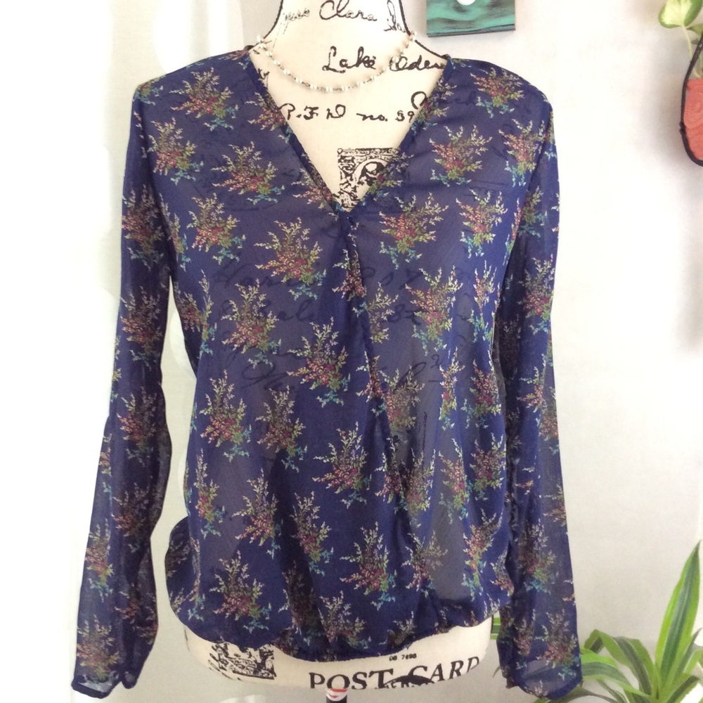 Charming Charlie Navy Floral Semi Sheer Blouse S